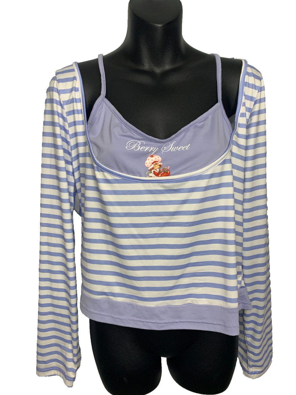 Strwaberry Shortcake Purple/White Striped Women's XL Cropped Cold Shoulder Shirt